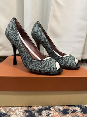 NWT Missoni Mint Green & Gray ‘Tessuto Missoni’ Peep-Toe Dress Pumps Size 7.5